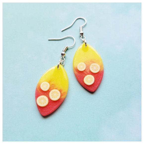 Strawberry Lemonade Earrings Yellow and Pinkish Red Lemon Dangle Earrings - Picture 1 of 10